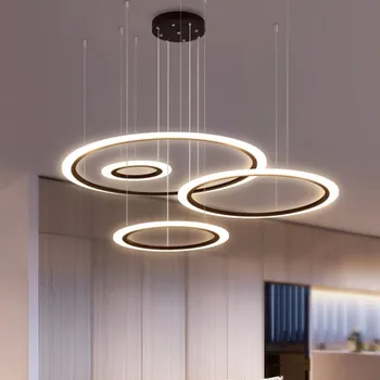 Современная люстра с черными кольцами для гостиной Подвесной светильник Спальня Ресторан Подвесной светильник Домашняя кухня Дистанционный блеск