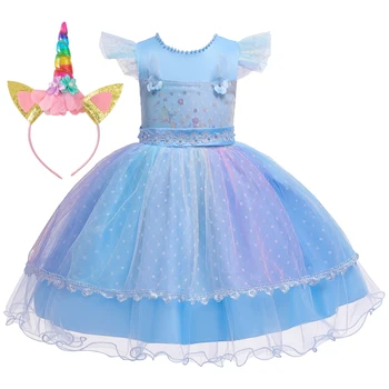 Небесно-голубая девушка единорог детское платье хэллоуин выступление платье принцесса из бисера