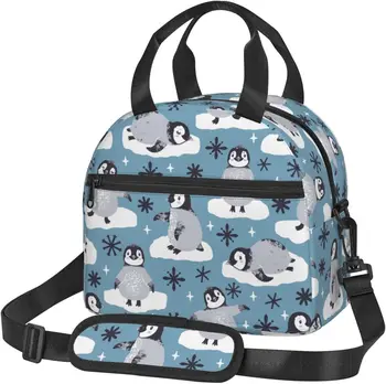 Милые пингвины и снежинки Многоразовая изолированная сумка для ланча для женщин и мужчин Новинка Lunch Tote Box с регулируемым плечевым ремнем