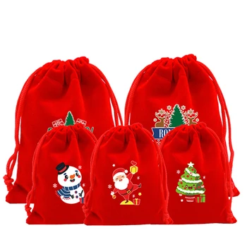  1 шт. 13x18 см Рождественский мешок для конфет Праздничные фланелевые сумки на шнурке для рождественских угощений Многоразовые подарочные мешки Санта-Клаус