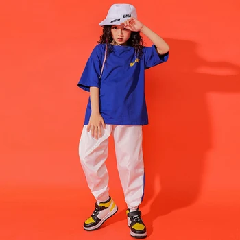 4-16 лет Одежда для девочек Синяя футболка Топ / Белые брюки Дети Хип-хоп Танцевальный костюм Повседневная одежда