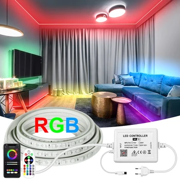  Светодиодная лента RGB 220V 5050 Гибкая лента Светодиодная лента Tuya WiFi / Bluetooth / пульт дистанционного управления Водонепроницаемый IP67 Наружное украшение