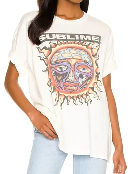 Супершикарная хлопковая белая свободная женская футболка солнце граффити граффити двусторонняя печать летние повседневные топы футболки женщины