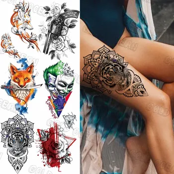  Черный геометрический тигр Временная татуировка для женщин взрослых Fox Gun Flower Поддельная татуировка Наклейка Бедро Тату Акварель Клоун
