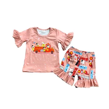 Оптовая торговля Детская одежда Летние девушки с коротким рукавом Пожарная одежда Оборки Шорты Комплекты