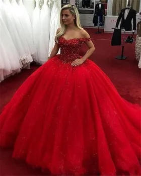 2020 С открытыми плечами Пайетки Принцесса Вечеринка Платье Бальное платье Сексуальное 16 Платье Роскошные Хрустальные Бисерные Красные Платья Quinceanera