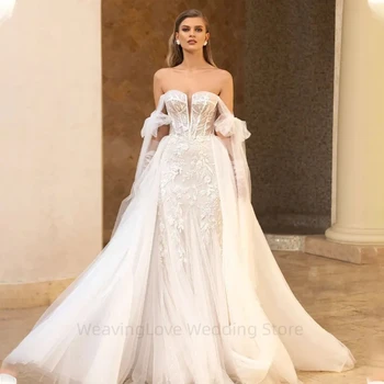 Элегантные свадебные платья русалки Толстые шпильки Съемный шлейф 2 в 1 Кружевная аппликация Vestidos De Novia 2023