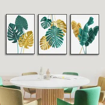 3PCS Nordic Tropical Green Gold Palm Leaves Плакат Холст Живопись Настенное искусство Картины Для Кафе Гостиная Интерьер Домашний Декор