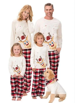 Рождественская пижама для родителей и детей с принтом оленя с длинным рукавом и круглым вырезом, клетчатый комбинезон брюки в стиле колор-блок, дружественный к коже