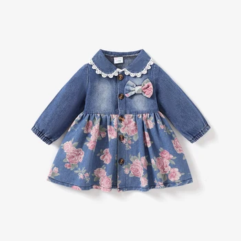 PatPat Baby Girl Джинсовое элегантное платье с цветочным узором и лацканом